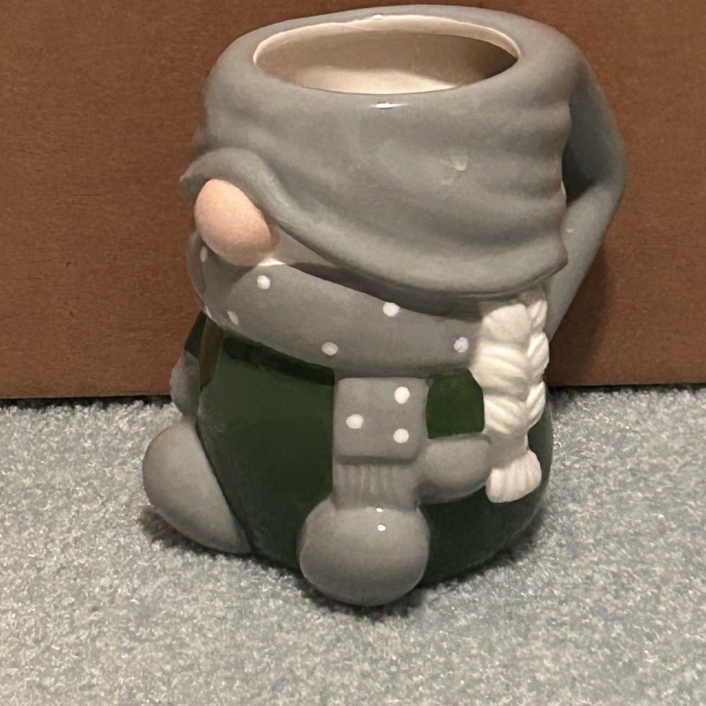 Pottery Barn Grey and Green Gnome Mugs with Braided Hair, Set of 4